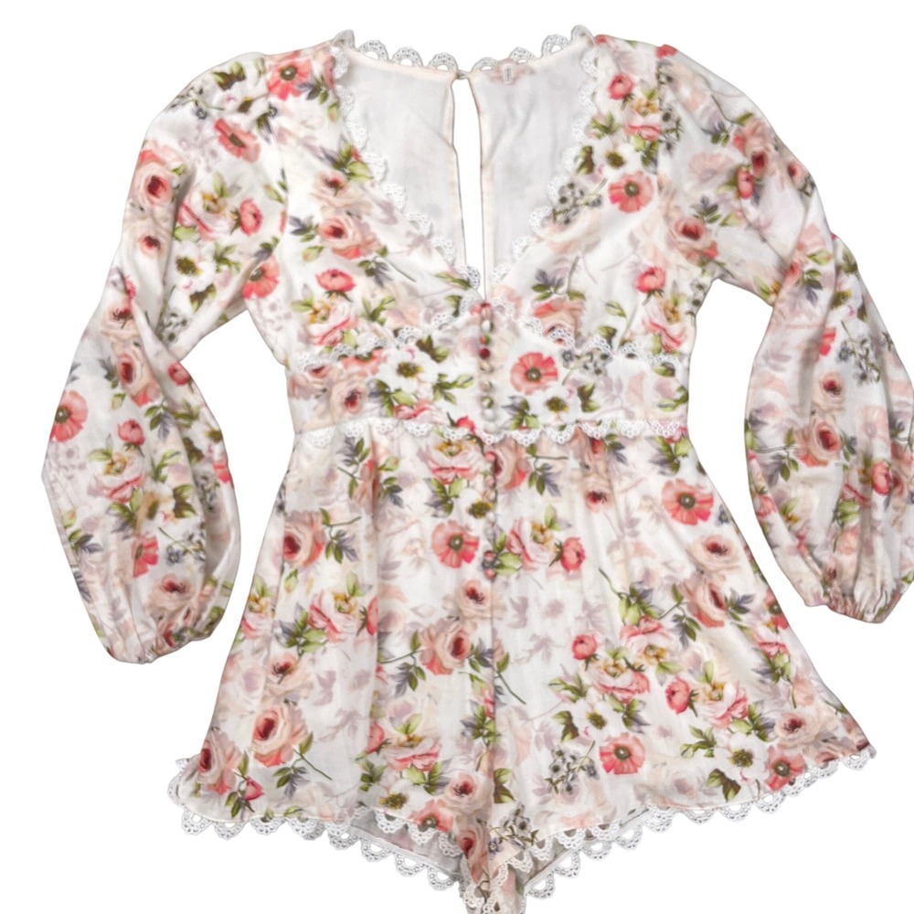 Luxxel Romper Women Medium White Pink Floral‎ Sweetheart Whimsy Fairy Romantic